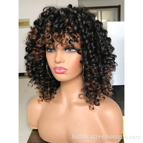 Elastic fluffy curly wig with bangs Black ladies short curly wig large synthetic 2 colors gradient dark brown short curly hair
